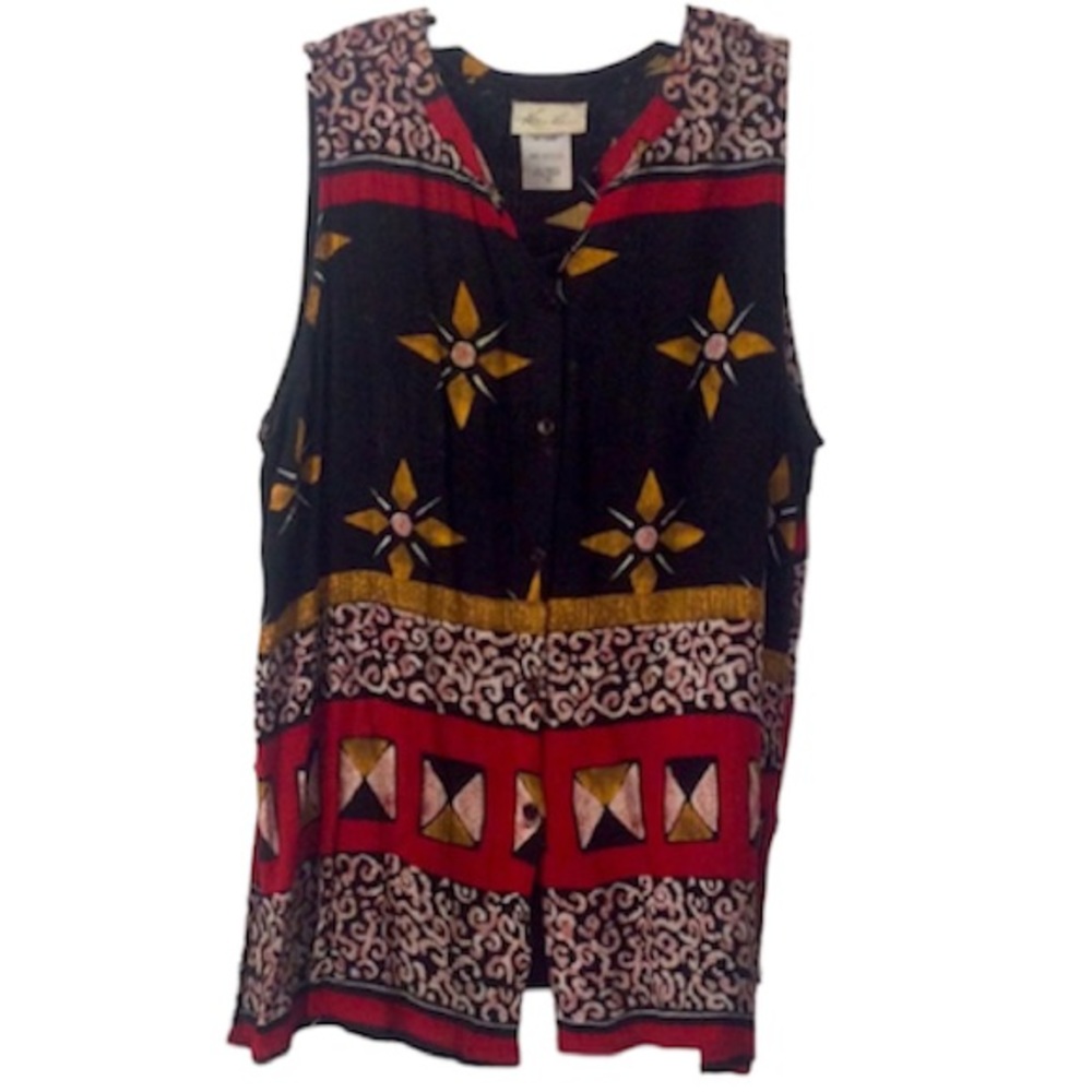 🌞 Kathy Lee Vintage Button up tunic top vest blouse red gold women plus size 14